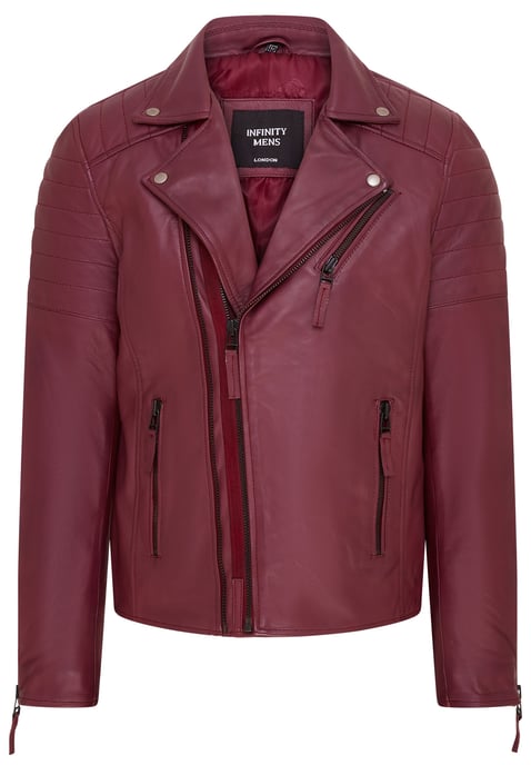 Mens Burgundy Brando Double Cross Zip Leather Biker Jacket- Fagernes