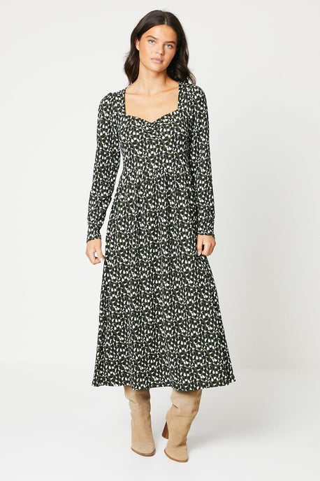 Mono Sweetheart Ruched Front Fit And Flare Midi Dress