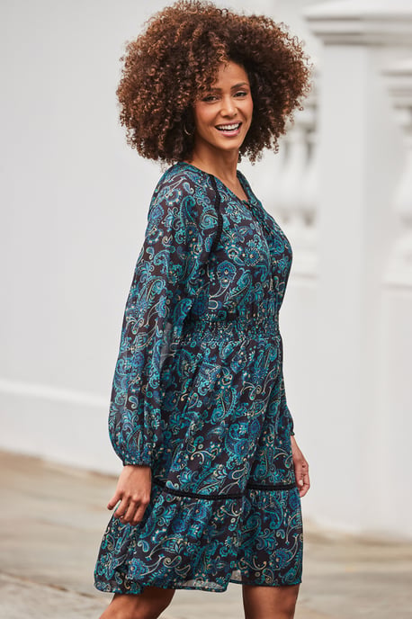 Navy Blue Paisley Print Fit & Flare Dress
