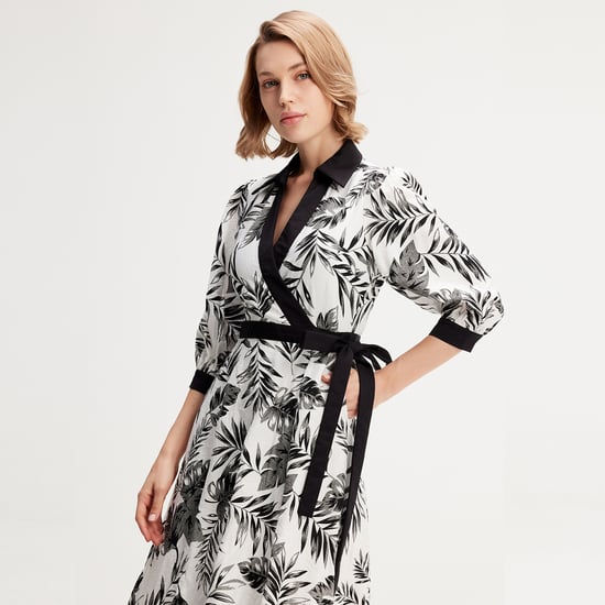 Bi-material wrap dress with tropical print