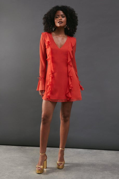 Chiffon Ruffle Detail Tie Sleeve Mini Dress - Image 2