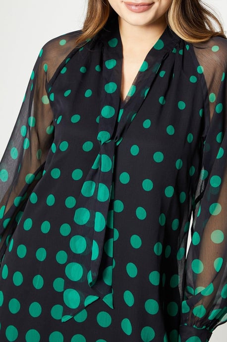 Spot Border Balloon Sleeve Shift Dress