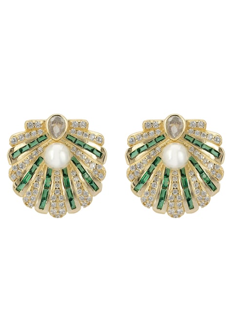 Art Deco Scallop Shell Earrings Emerald Green With Pearl Gold