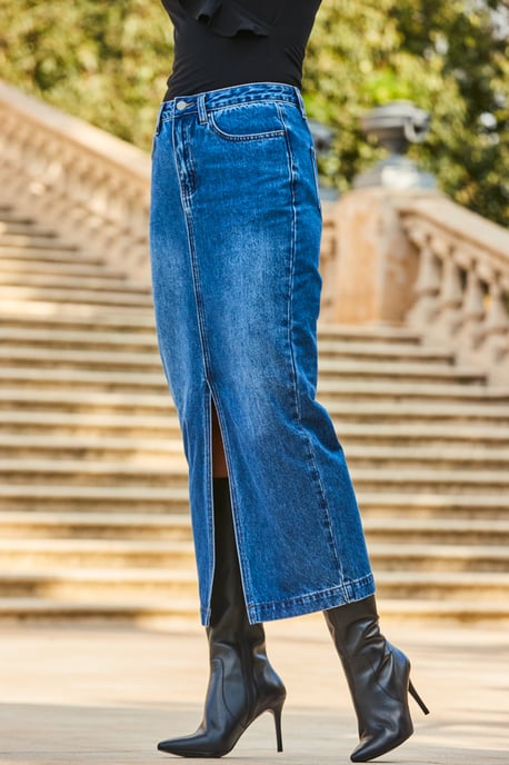 Mid Blue Longline Denim Midi Skirt