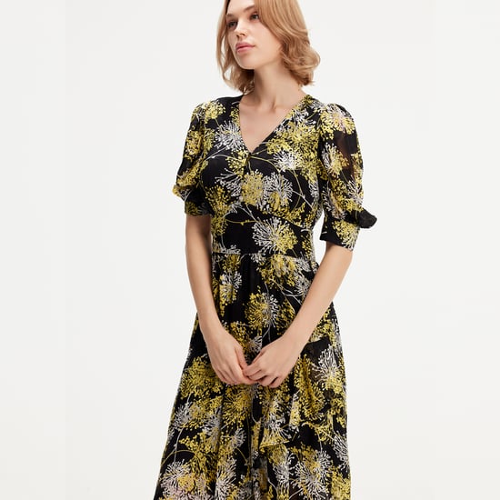 Linear Flower Print Plunging Hem Dress