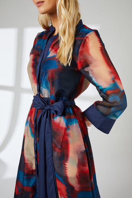 Multi Blur Print Belted Contrast Detail Collarless Shirt Dress