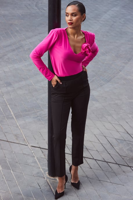 Hot Pink Corsage Detail Ruched Shoulder Top