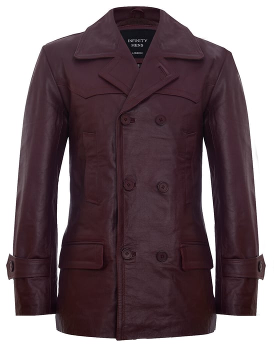 Cowhide Dr. Who Marin German Pea Coat Leather Jacket
