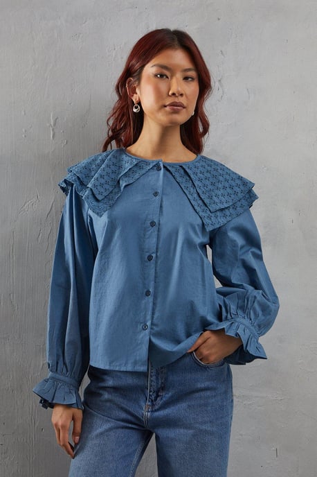 Broderie Oversized Collar Poplin Blouse