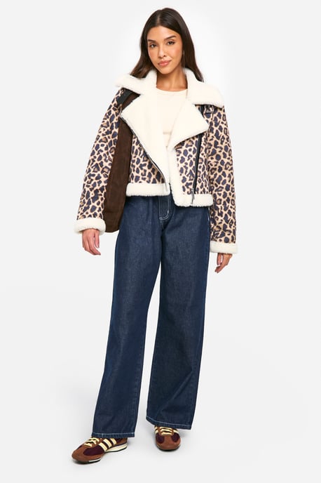 Leopard Print Cropped Aviator Jacket