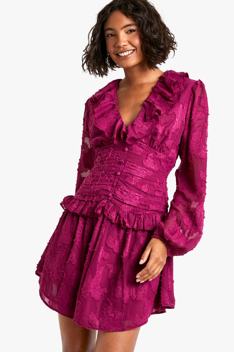 Tall Floral Burnout Ruffle Plunge Ruched Skater Dress - Image 1