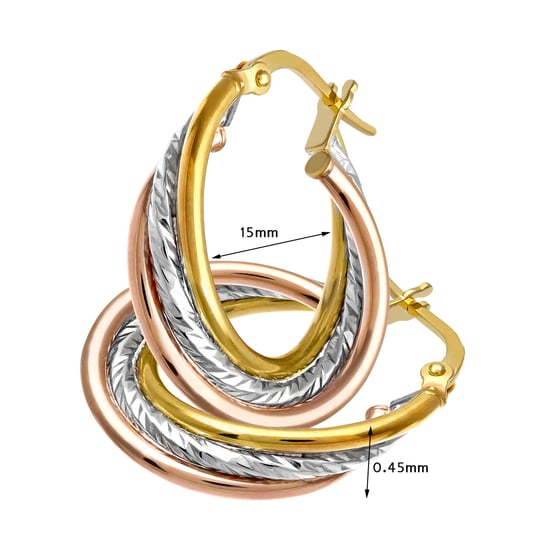 9ct 3 Colour Gold Diamond Cut Crossover Hoop Earrings of 15mm Diameter