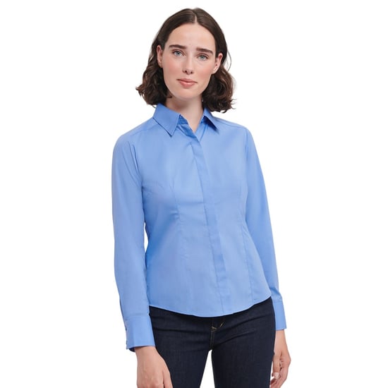 Russell Collection Dames/Dames Poplin Easy-Care Getailleerd overhemd met lange mouwen (Bedrijfsblauw) - Image 2