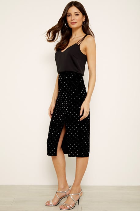 Black Velvet Diamante Split Detail Skirt