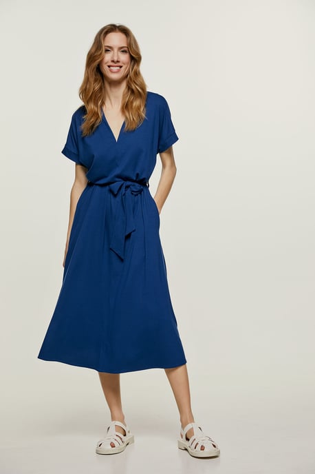 Blue Jersey Belted Midi Dress