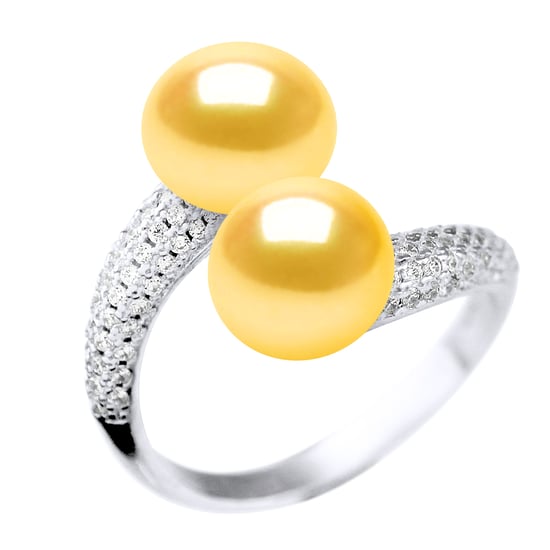 Ring YOU AND ME 2 Water Beads 9-10mm Sweet Yellow Golden Jewelry 925