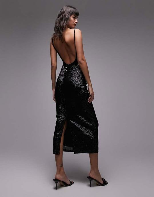 Topshop embellished diamante midi dress in black