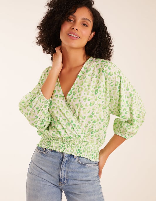 Elasticated Sleeve Wrap Front Elastic Hem Top