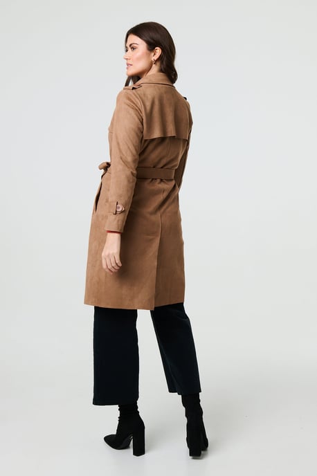 Brown Suede Tie Waist Button Front Trench Coat
