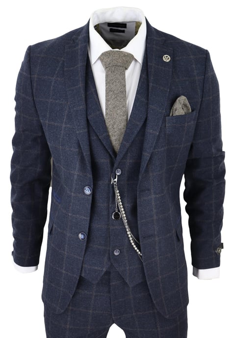 Heren 3-delige Wollen Pak Marineblauw Tweed Ruit Peaky Blinders 1920 Gatsby Formeel - Image 1