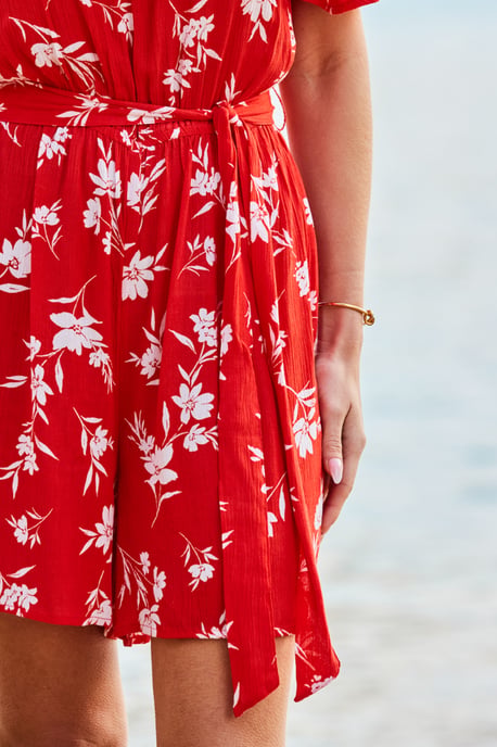 Red Floral Print Ruffle Detail Bardot Playsuit