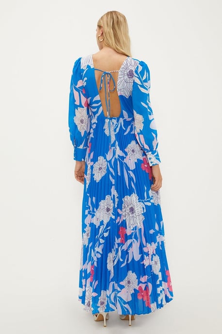 Statement Floral Tie Back Pleated Maxi Dress