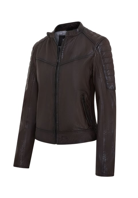 Womens Brown Retro Quilted Leather Biker Jacket - Horten