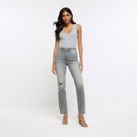 River Island Womens Straight Jeans Grey Ripped High Waisted Slim