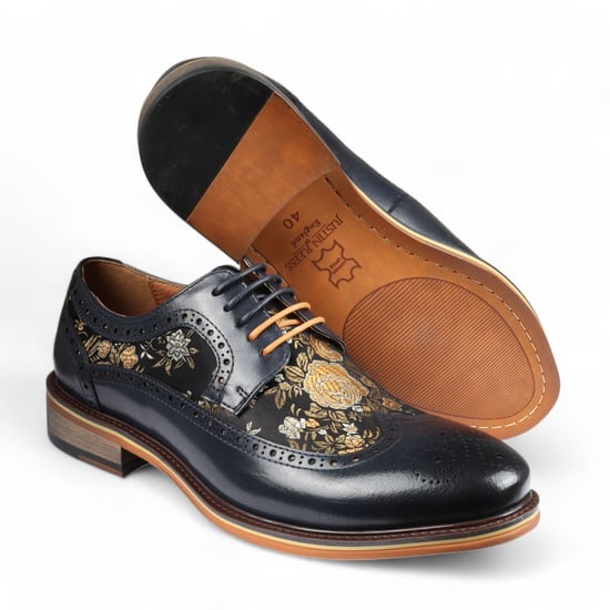Justin Reess Heren Navy Blauw Leren Bloemenprint Brogue Dresschoenen - Ross - Image 5