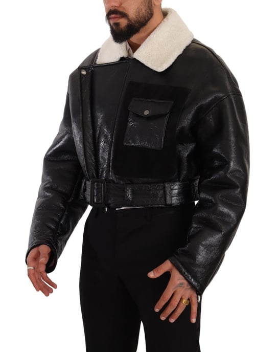 Dolce & Gabbana Heren Zwarte Leren Shearling Bikerjas - Image 2