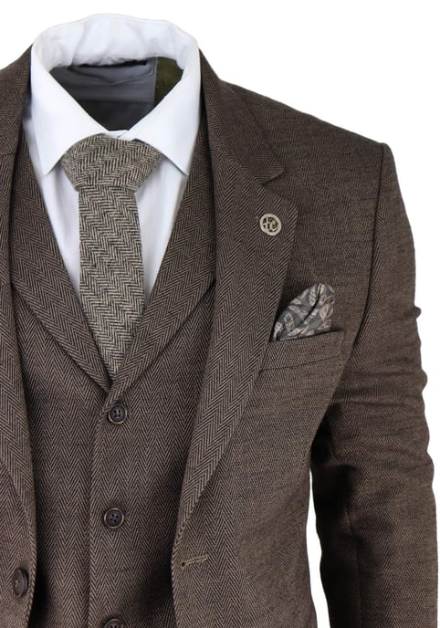 Heren Bruin 3-delige Tweed Haringbeen Pak Peaky Blinders Klassiek Maatwerk - Image 4