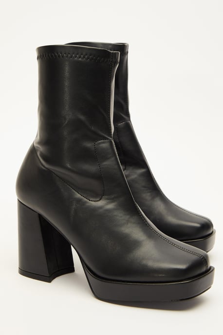 Black Faux Leather Platform Heeled Ankle Boots