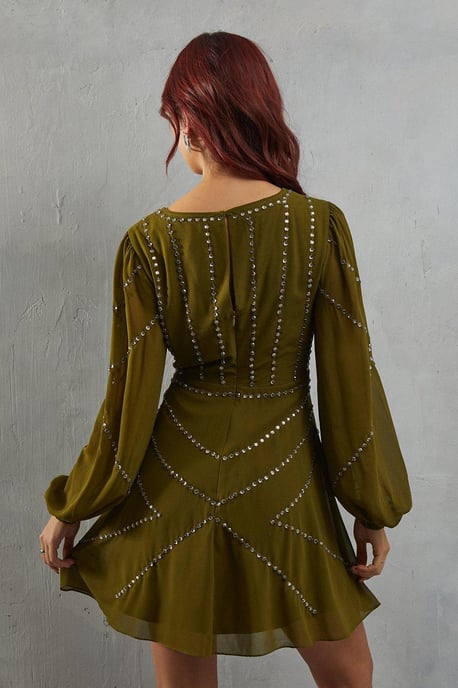 Premium Chiffon Embellished Plunge Neck Mini Dress - Image 3