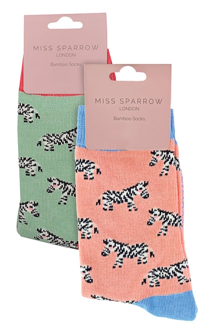 Set van 2 sokken met dierenprint voor meisjes | Miss Sparrow | Casual grappig patroon crew bamboe sokken | Grappige nieuwe sokken voor kinderen - Zebra's - Image 2