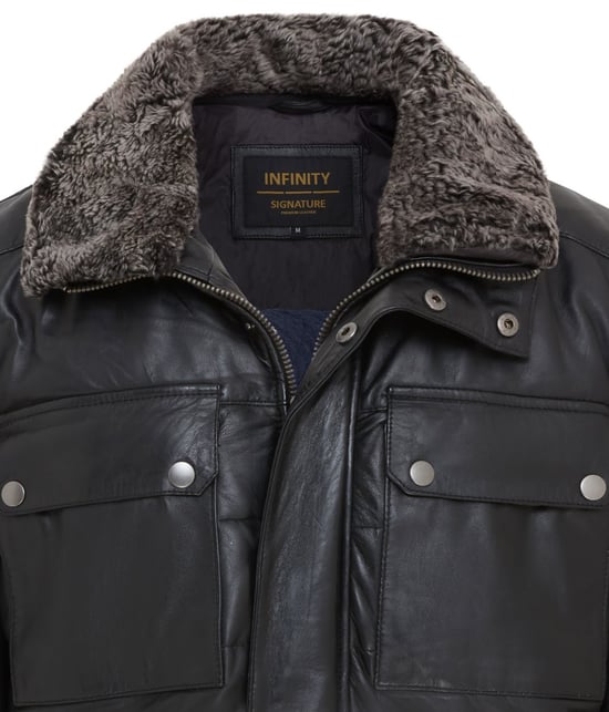 Mens Black Leather Puffer Quilted Jacket - Farsund