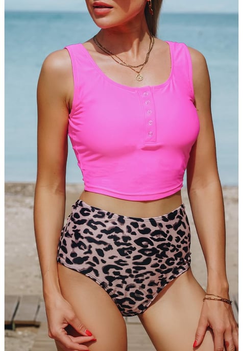 Damesmode Print Vierkante Hals Mouwloze Tankini Set in Luipaardprint - Image 1
