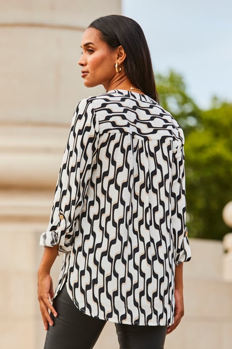 White & Black Geometric Print Button Detail Tunic Top
