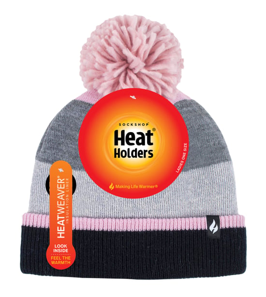 Heat Holders - Dames Thermische Winter Pom Pom Muts - Grijs / Roze - Image 2