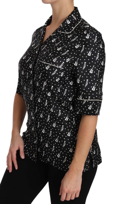 Dolce & Gabbana Dames Zwarte Gitaar & Trompet Print Zijde Blouse - Image 2