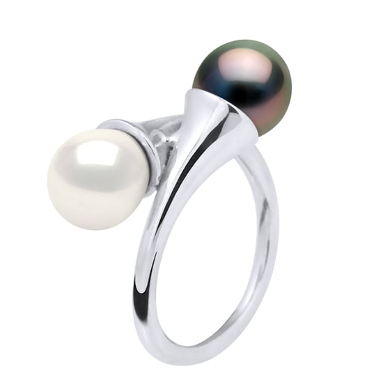 DIADEMA - Ring You & Me in White Gold - Real Freshwater Pearls and Tahitian Pearls - White