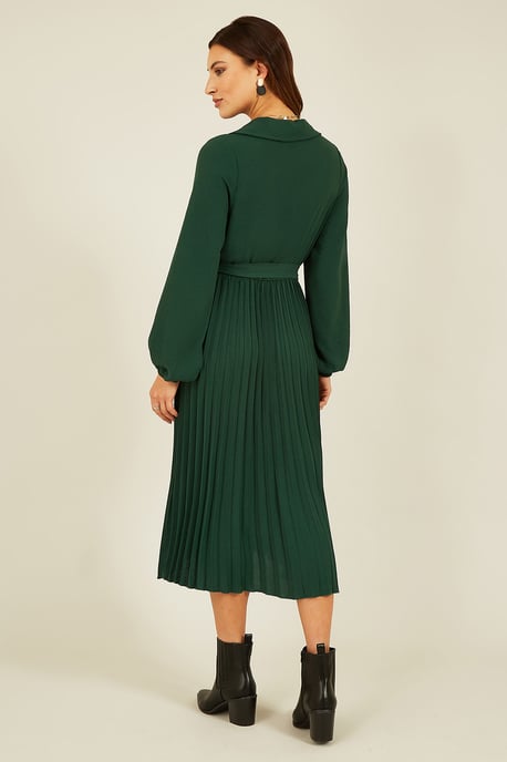Green Long Sleeve Pleated Dress