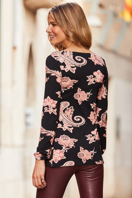 Black Paisley Print Twist Front Jersey Top