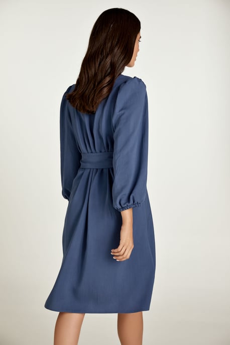 Belted Long Sleeve Indigo Dress in Tencel
