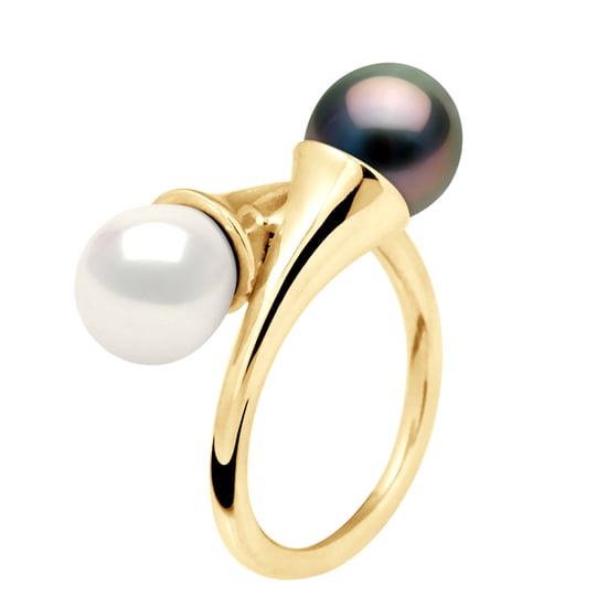 DIADEMA - Ring You & Me in Yellow Gold - Real Freshwater Pearls and Tahitian Pearls - White