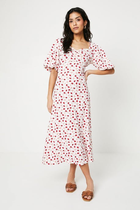 Petite Ditsy Ruched Front Puff Sleeve Midi Dress - Image 1
