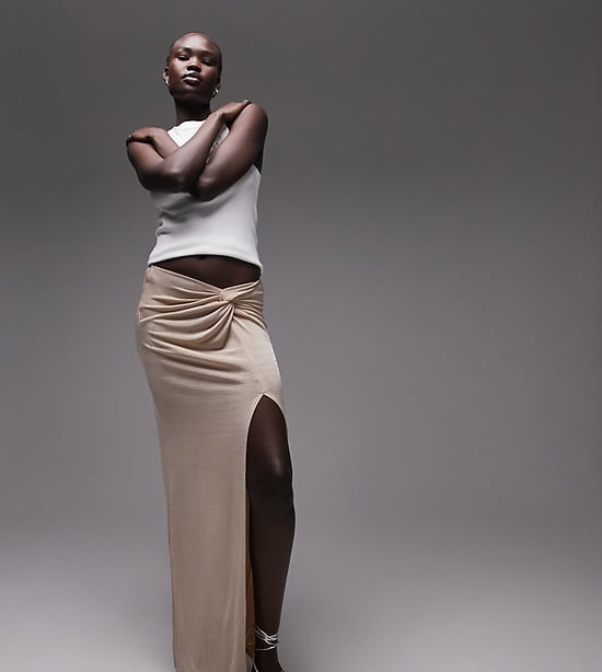 Topshop Tall slinky twist front maxi skirt in stone-Neutral