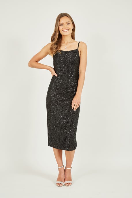 Black Sequin Fitted Wrap Midi Dress