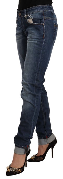 Acht Dames Blauw Gewassen Midden Taille Slim Fit Denim Opgerolde Zoom Jeans - Image 2
