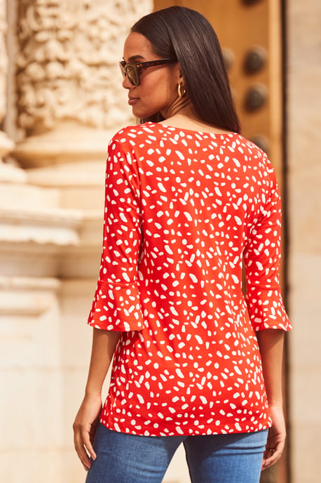 Red & White Fleck Print Fluted Sleeve Top