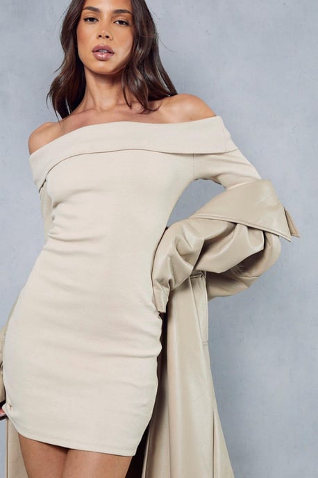 Rib Off The Shoulder Long Sleeve Mini Dress